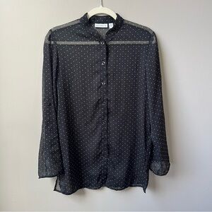Vintage Blouse Women's XS Polka Dot Black White Semi Sheer‎ Classic Office Top